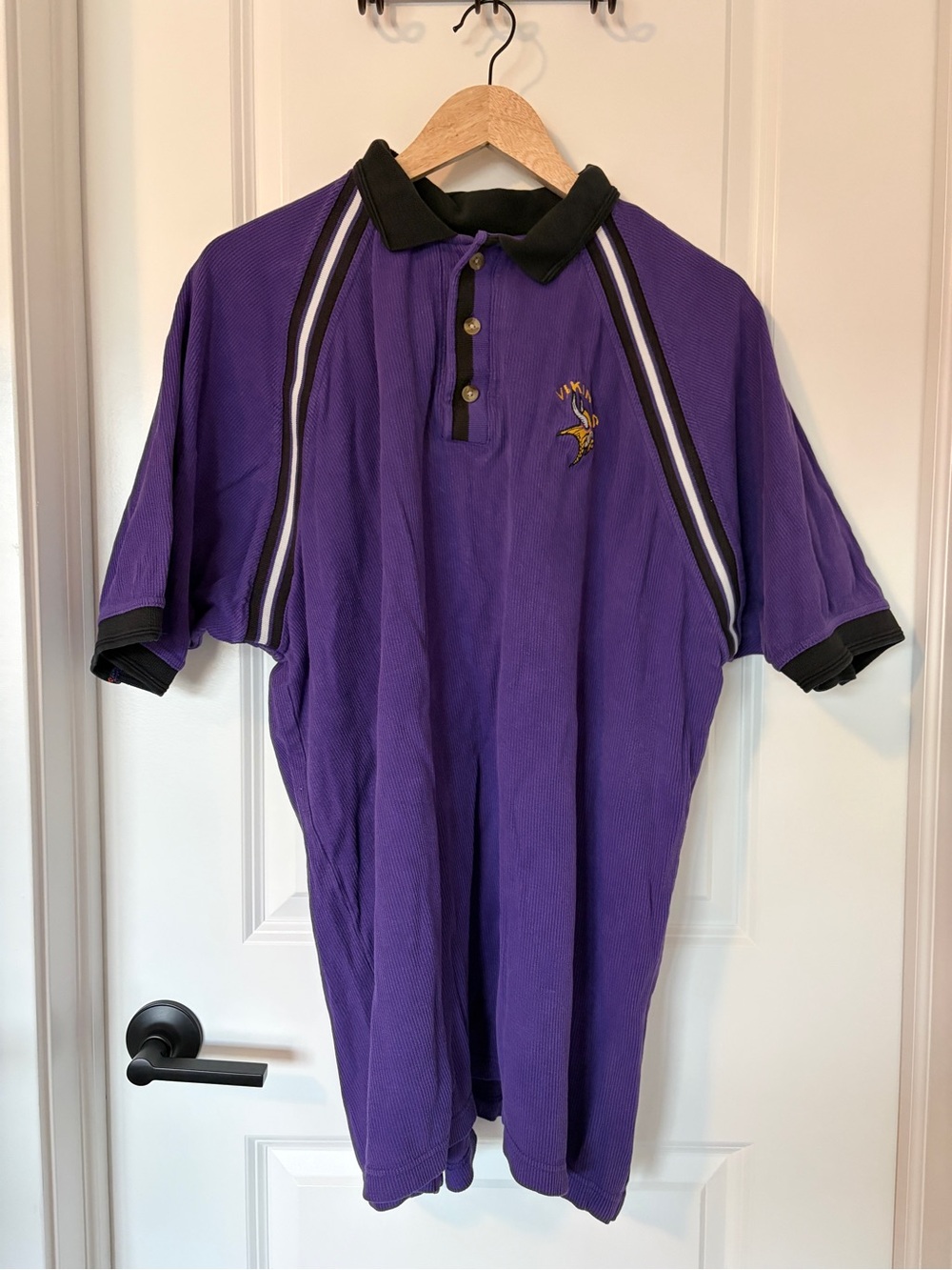 Vintage Minnesota Vikings ribbed Purple Polo with Black Collar and Stripe Accent